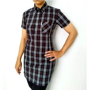 Black Plaid Short-Sleeve Mini Shirt Dress
